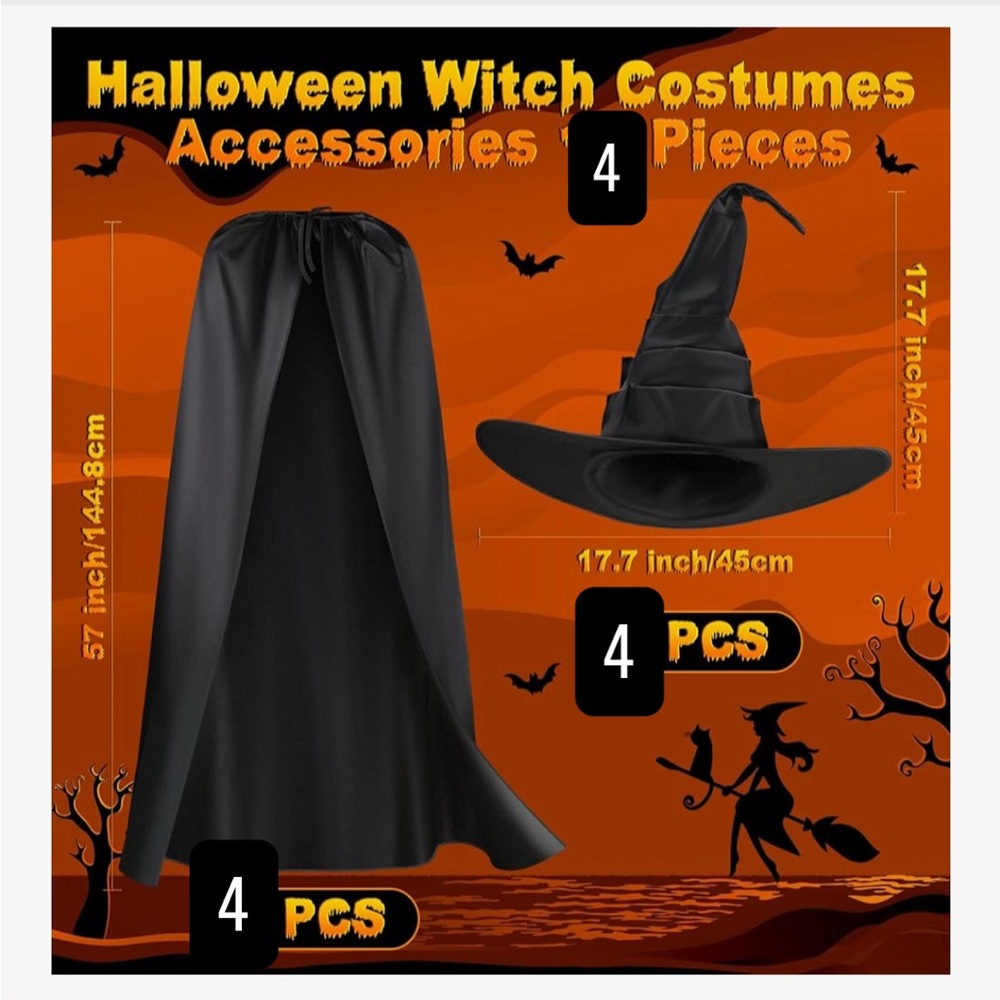4 Pack of Witches Hats and Capes. Bought a 6 pack and only needed 2.